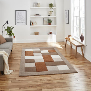 Beige & Terracotta Geometric Rectangle & Square Modern Framed Floor Rug
